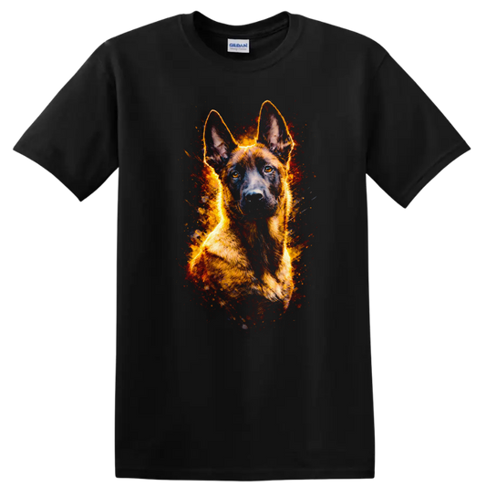 German Shepherd Fire Glow T Shirt for Dog Lovers and Owners on a Black T Shirt