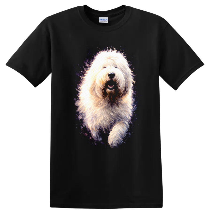 Fluffy Old English Sheepdog Dog Portrait T Shirt, Cosmic Neon Style on a Black T Shirt