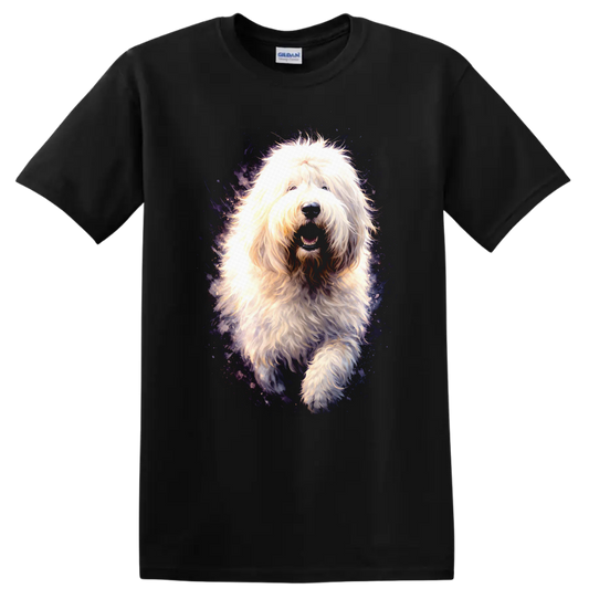 Fluffy Old English Sheepdog Dog Portrait T Shirt, Cosmic Neon Style on a Black T Shirt