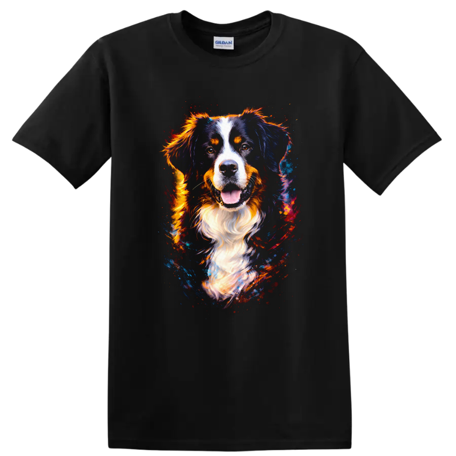 Colorful Bernese Mountain Dog Portrait T Shirt for Dog Lovers on a Black T Shirt