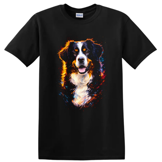 Colorful Bernese Mountain Dog Portrait T Shirt for Dog Lovers on a Black T Shirt