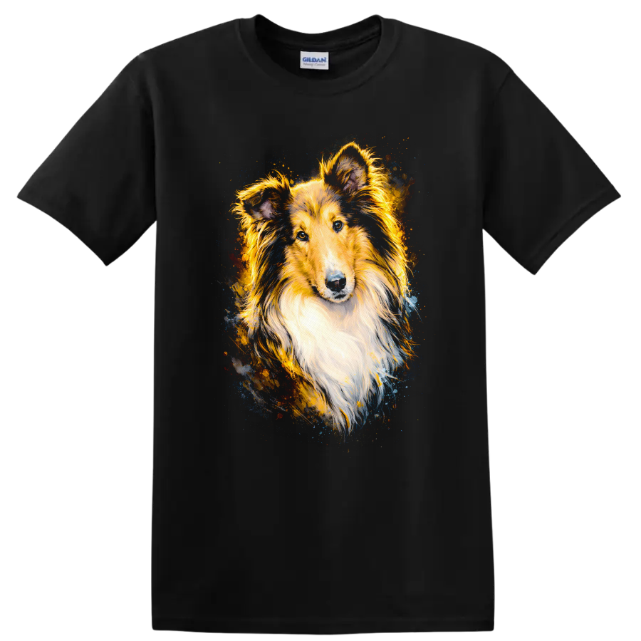 Shetland Sheepdog Color Splash Portrait T Shirt for Dog Lovers on a Black T Shirt