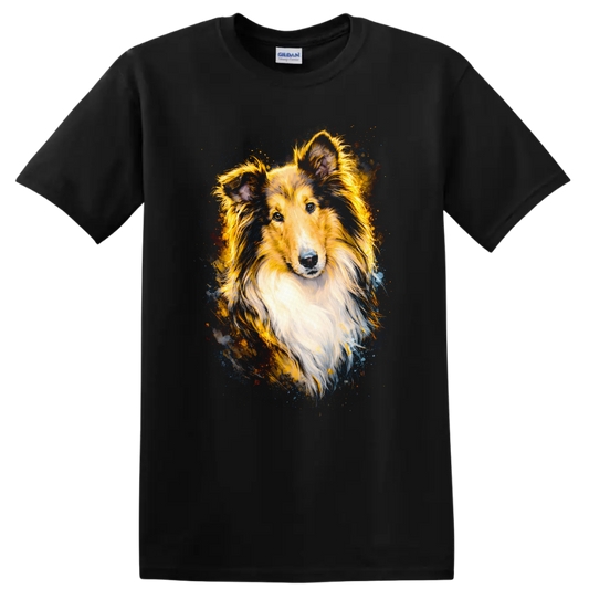 Shetland Sheepdog Color Splash Portrait T Shirt for Dog Lovers on a Black T Shirt