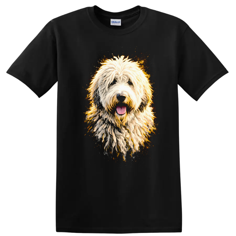Colorful Shaggy Dog Portrait T Shirt for Dog Lovers and Pet Fans on a Black T Shirt