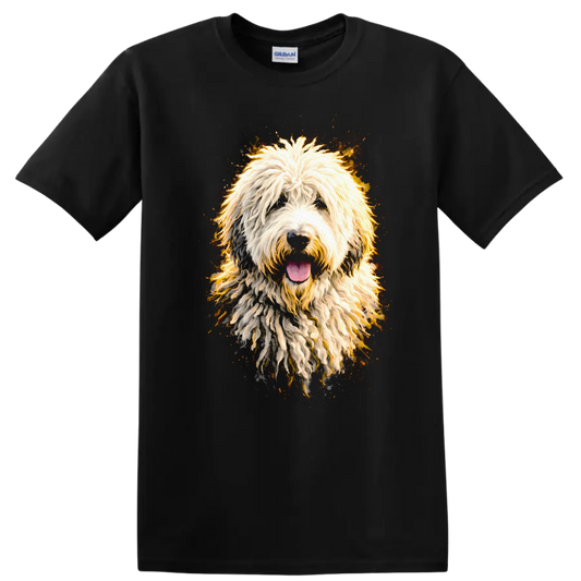 Colorful Shaggy Dog Portrait T Shirt for Dog Lovers and Pet Fans on a Black T Shirt
