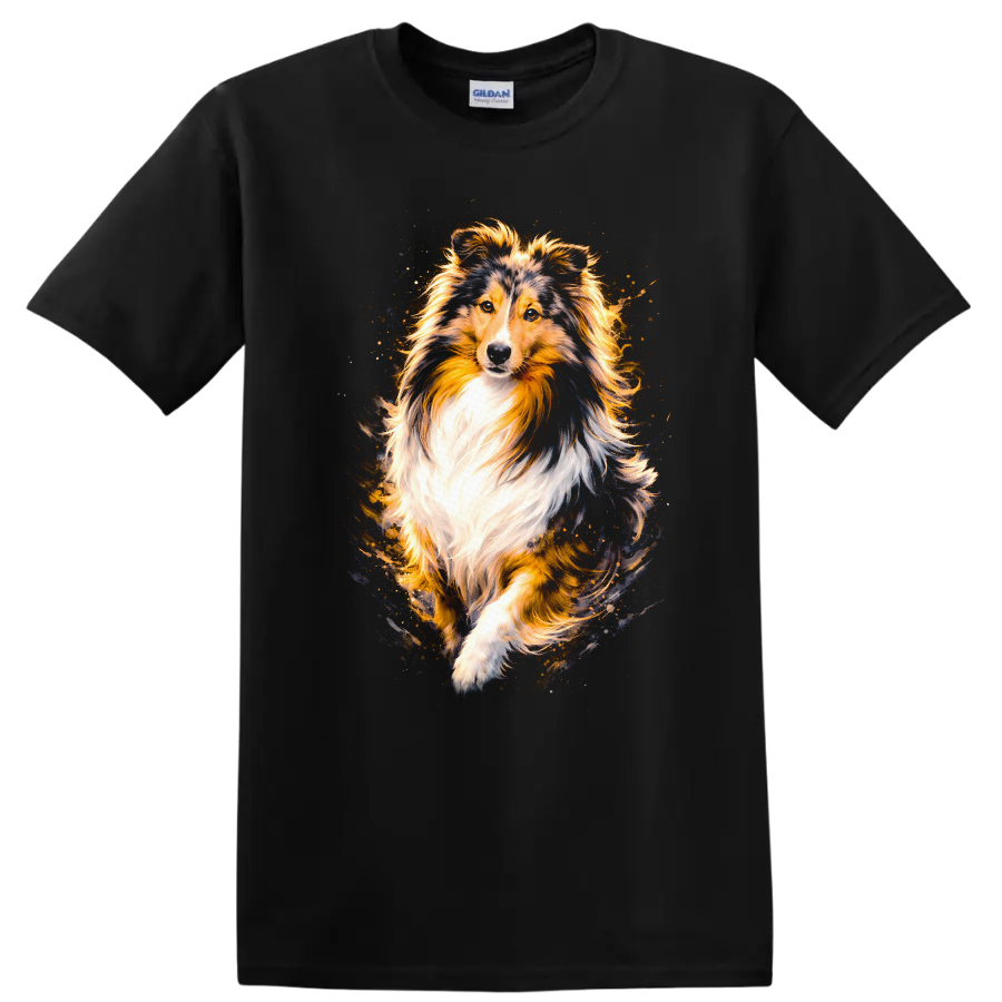 Shetland Sheepdog Dog Portrait T Shirt Colorful Pet Lover Gift on a Black T Shirt