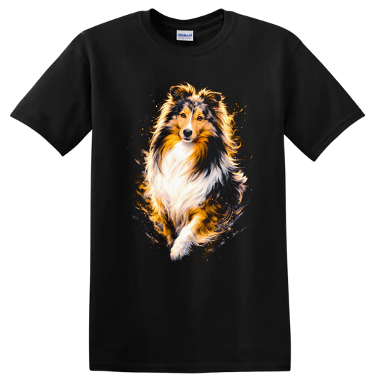 Shetland Sheepdog Dog Portrait T Shirt Colorful Pet Lover Gift on a Black T Shirt