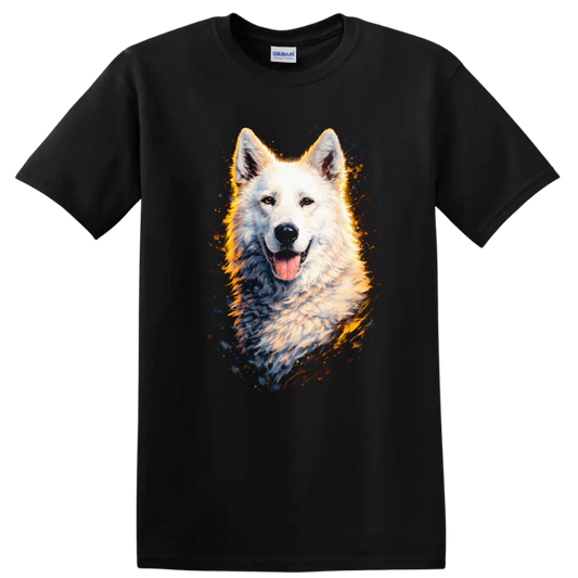 White Dog Portrait Splash Art T Shirt for Dog Lovers on a Black T Shirt