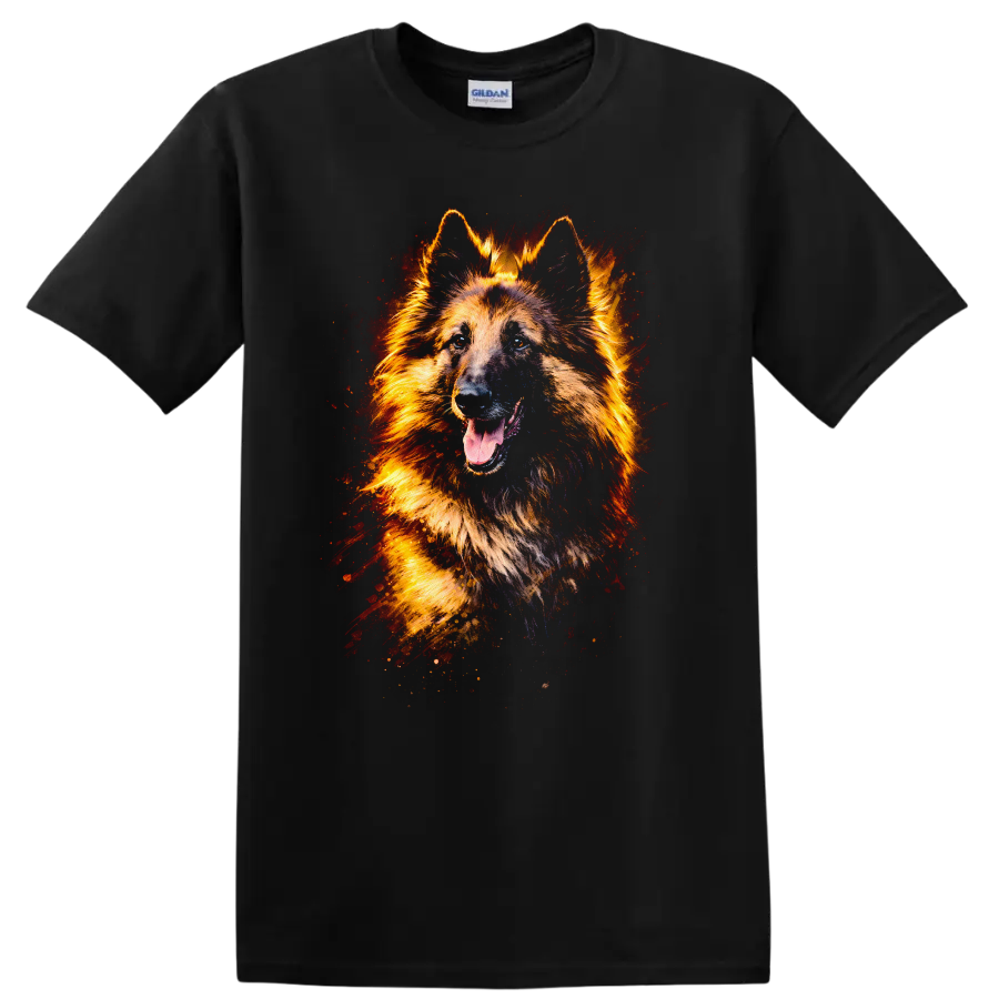 German Shepherd Dog Art T Shirt Fiery Color Splash Pet Lover Tee on a Black T Shirt