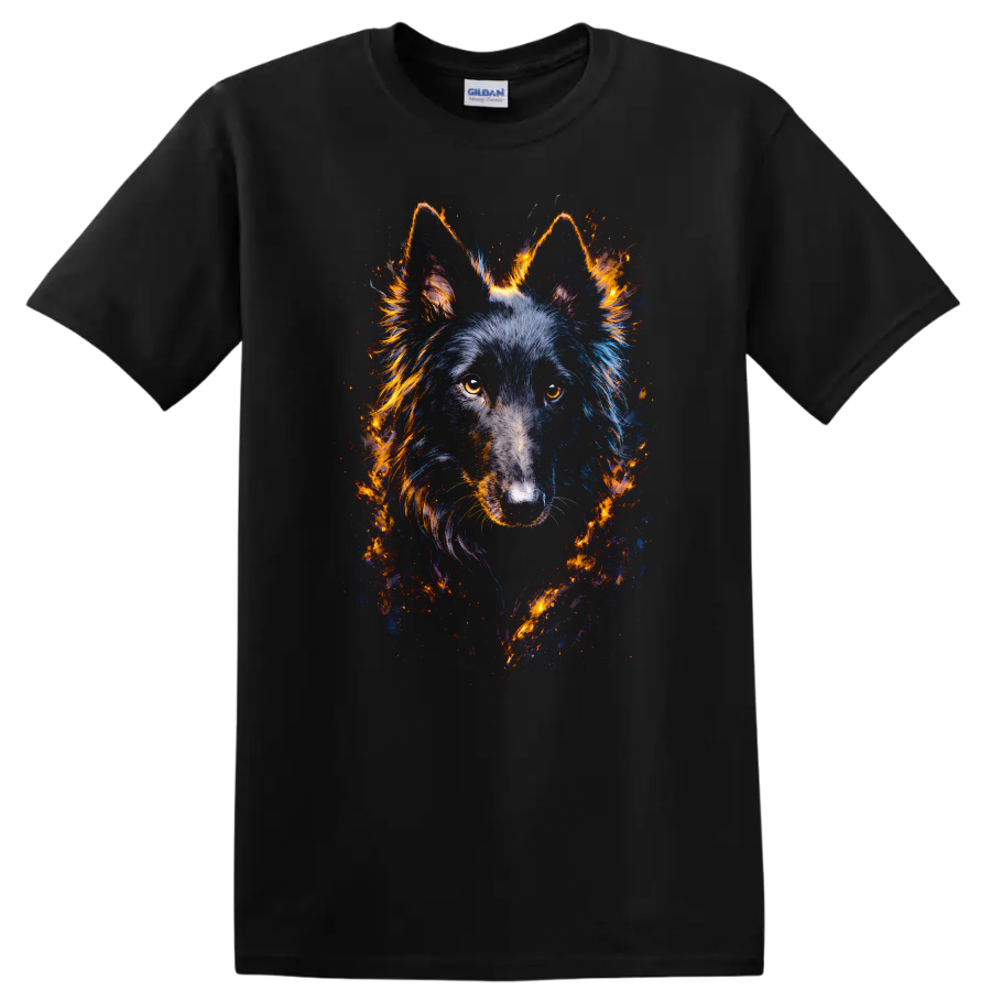 Fiery Wolf Portrait Neon Style Dog Lover T Shirt on a Black T Shirt