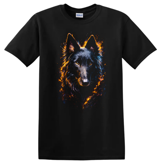 Fiery Wolf Portrait Neon Style Dog Lover T Shirt on a Black T Shirt