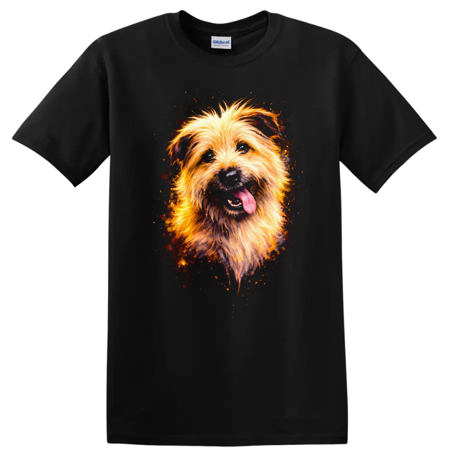 Fluffy Dog Portrait T Shirt Vibrant Splash Art Pet Lover Gift on a Black T Shirt