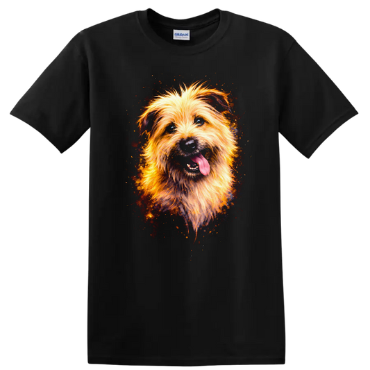 Fluffy Dog Portrait T Shirt Vibrant Splash Art Pet Lover Gift on a Black T Shirt