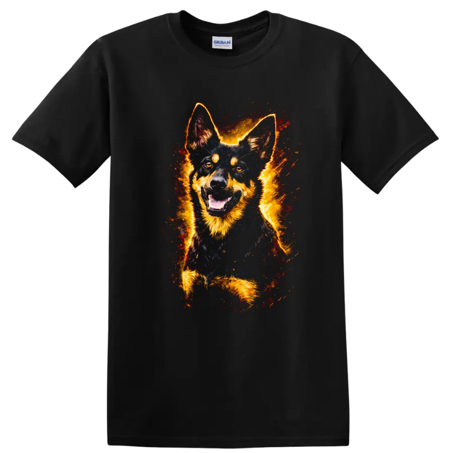 German Shepherd Fire Burst Portrait T Shirt for Dog Lovers on a Black T Shirt