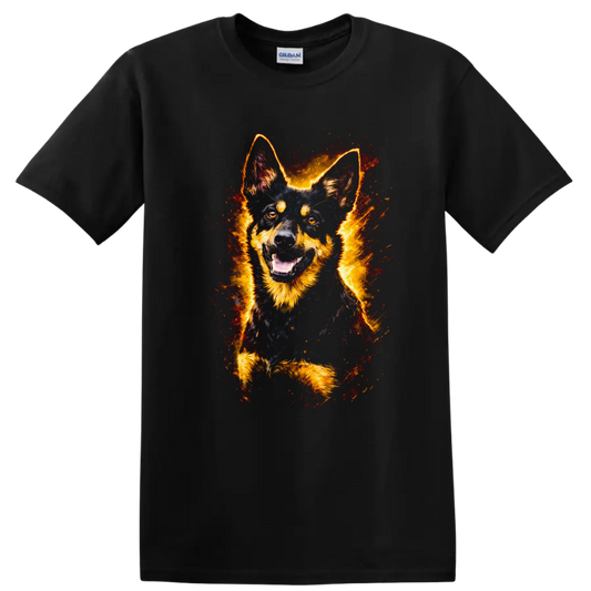 German Shepherd Fire Burst Portrait T Shirt for Dog Lovers on a Black T Shirt