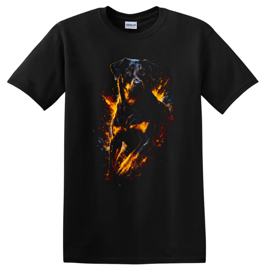 Rottweiler Fire Splash Art T Shirt Bold Dog Breed Graphic Tee on a Black T Shirt