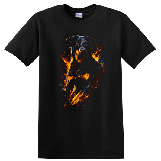Rottweiler Fire Splash Art T Shirt Bold Dog Breed Graphic Tee on a Black T Shirt