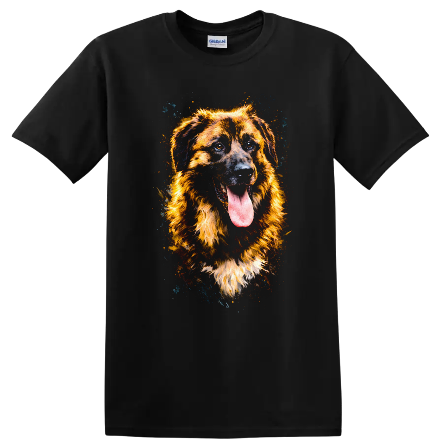 Golden Shepherd Dog Splash Art Portrait T-Shirt for Dog Lovers on a Black T Shirt