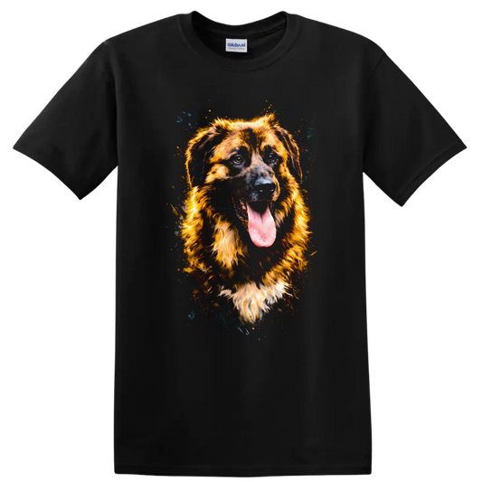 Golden Shepherd Dog Splash Art Portrait T-Shirt for Dog Lovers on a Black T Shirt