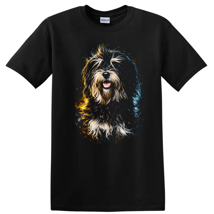 Colorful Shaggy Dog Portrait T Shirt Vibrant Splash Art for Dog Lovers on a Black T Shirt