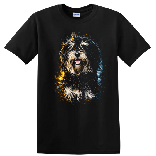 Colorful Shaggy Dog Portrait T Shirt Vibrant Splash Art for Dog Lovers on a Black T Shirt
