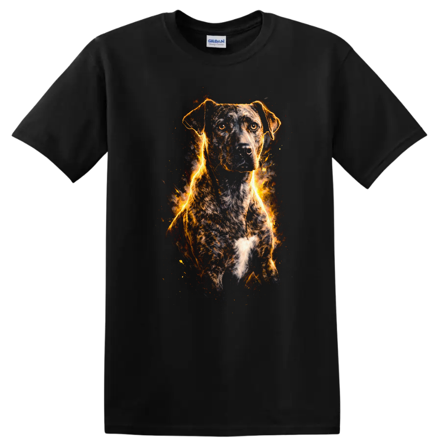 Fiery Dog Portrait T Shirt, Flame Outline Pet Lover Graphic Tee on a Black T Shirt