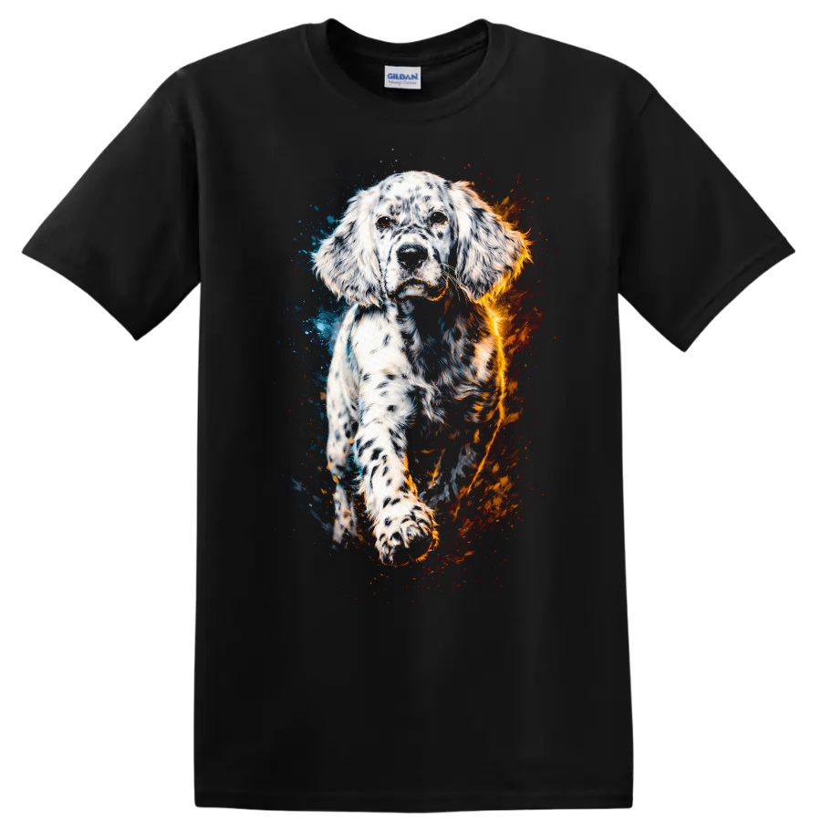 English Setter Watercolor Dog Portrait T Shirt Blue and Orange Splash - Black