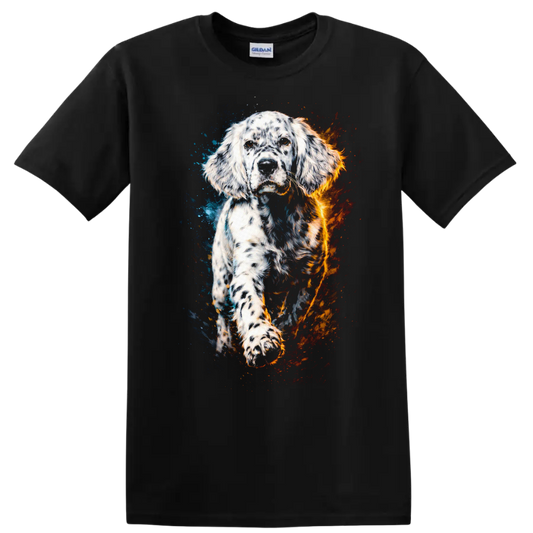 English Setter Watercolor Dog Portrait T Shirt Blue and Orange Splash - Black