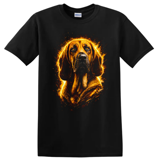 Basset Hound Glowing Fire Portrait T Shirt for Dog Lovers on a Black T Shirt