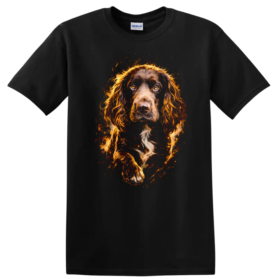 Flame Spaniel Portrait T Shirt for Dog Lovers with Fiery Artistic Style - Black