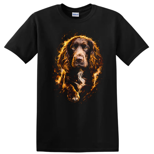 Flame Spaniel Portrait T Shirt for Dog Lovers with Fiery Artistic Style - Black