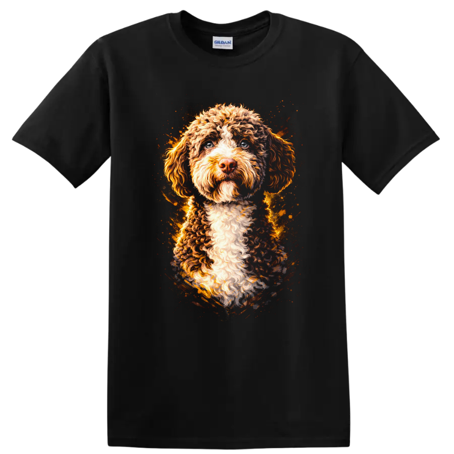 Curly Cockapoo Dog Portrait T Shirt Colorful Artistic Pet Lover Tee on a Black T Shirt