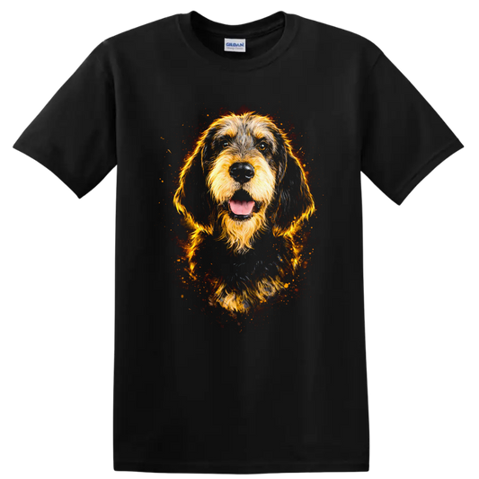 Golden Doodle Dog Portrait Fire Spark T Shirt on a Black T Shirt