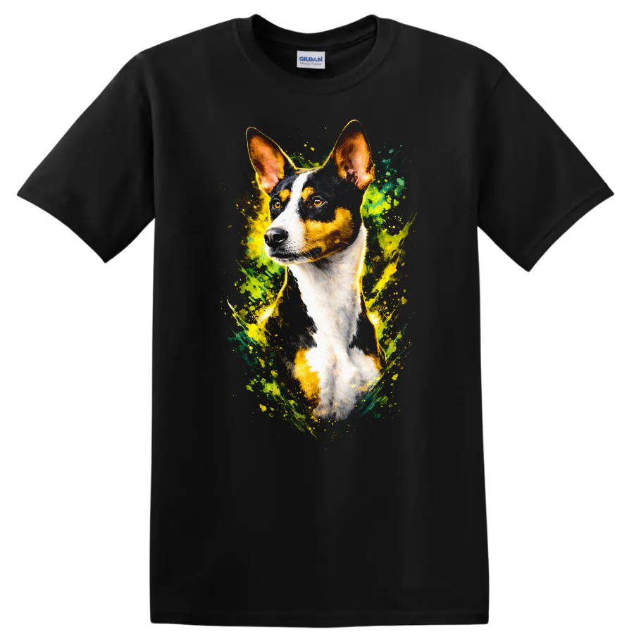 Colorful Basenji Dog Portrait Splash Art T Shirt for Dog Lovers on a Black T Shirt
