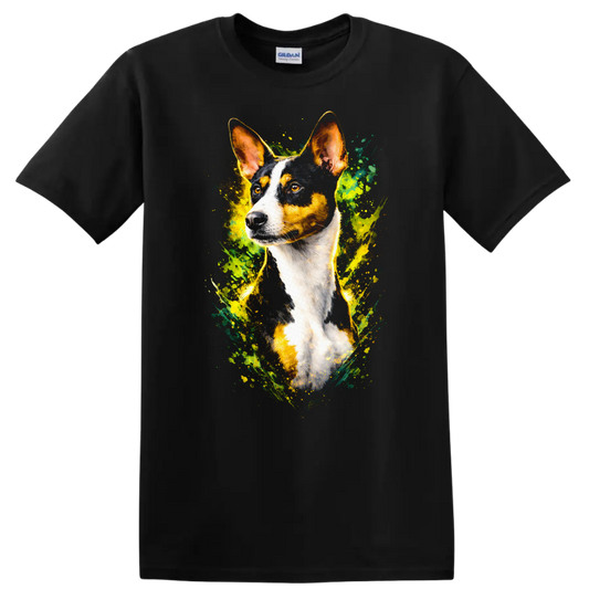Colorful Basenji Dog Portrait Splash Art T Shirt for Dog Lovers on a Black T Shirt