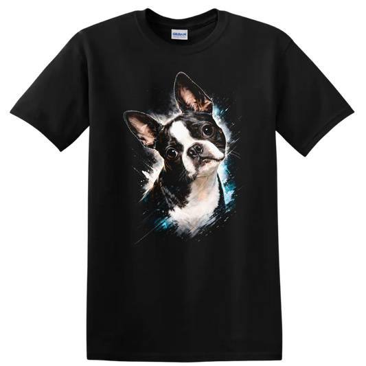 French Bulldog Splash Art T Shirt Colorful Dog Portrait Graphic on a Black T Shirt
