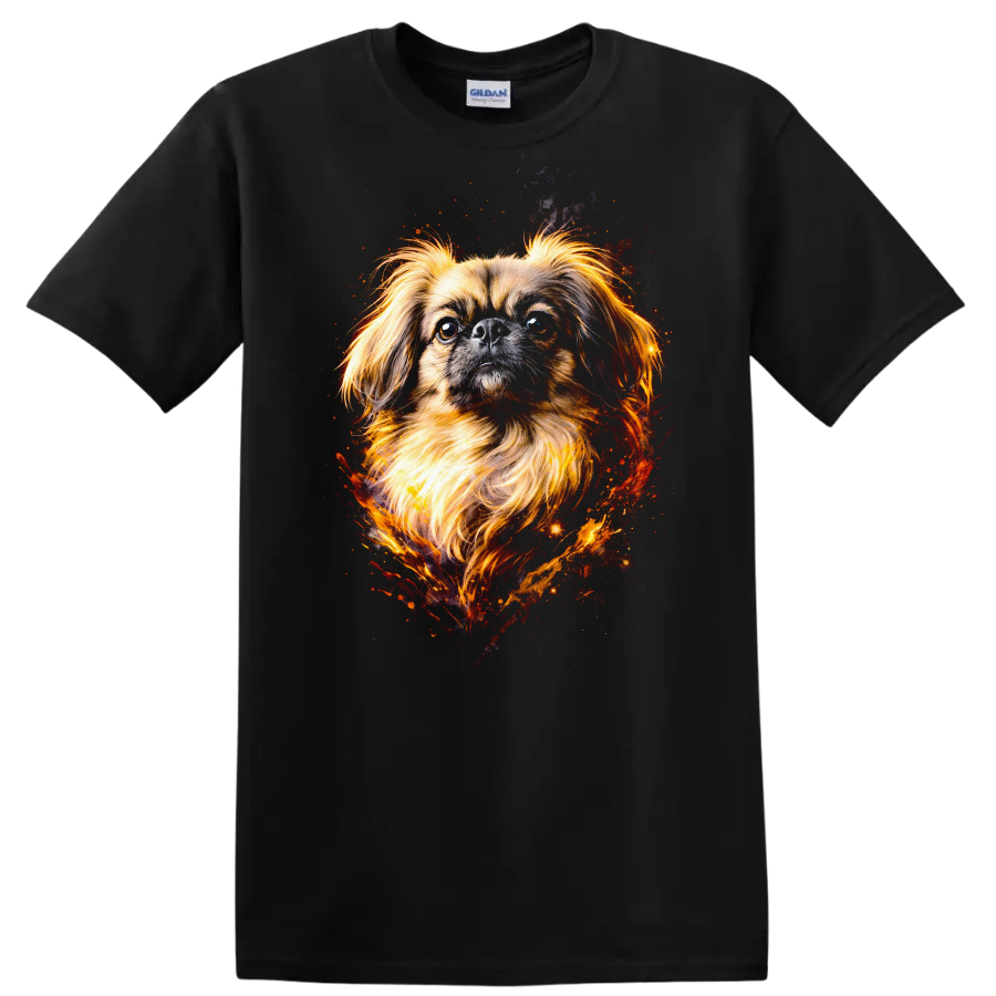 Fiery Pekingese Dog Portrait T Shirt Vibrant Watercolor Pet Lover on a Black T Shirt