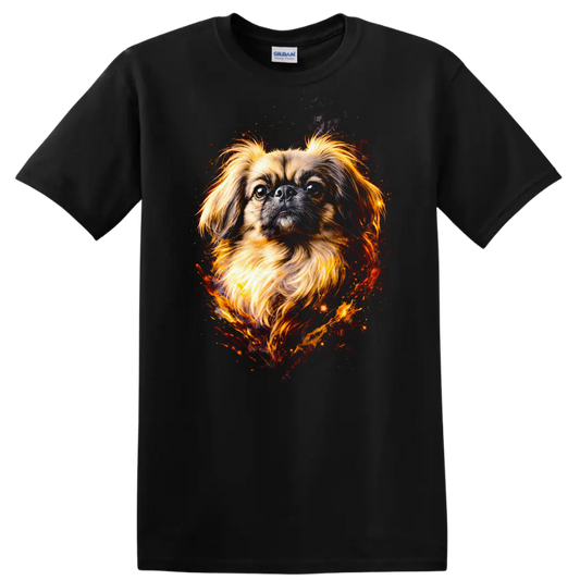 Fiery Pekingese Dog Portrait T Shirt Vibrant Watercolor Pet Lover on a Black T Shirt