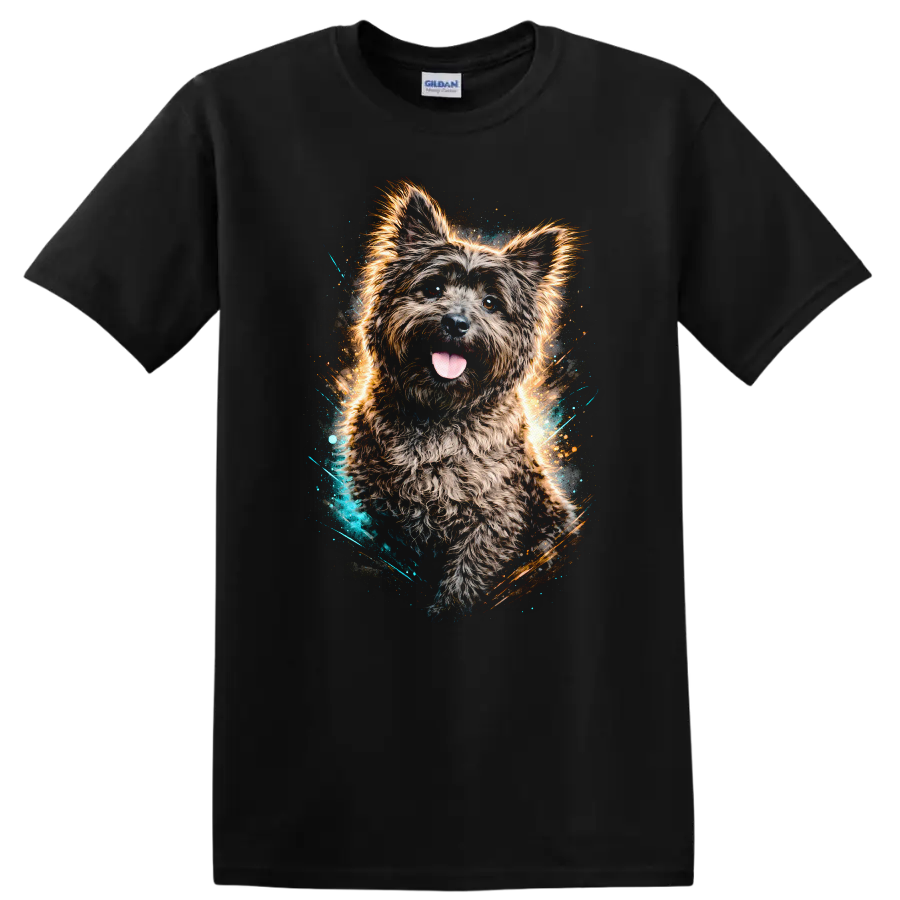 Fluffy Yorkie Dog Portrait Graphic T Shirt Colorful Neon Splash on a Black T Shirt