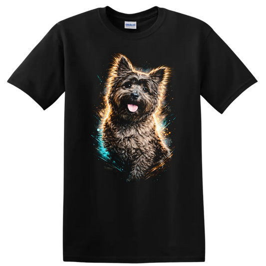 Fluffy Yorkie Dog Portrait Graphic T Shirt Colorful Neon Splash on a Black T Shirt