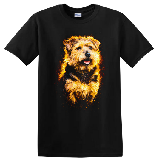 Glowing Terrier Dog Portrait T Shirt Vibrant Fire Art for Dog Lovers on a Black T Shirt