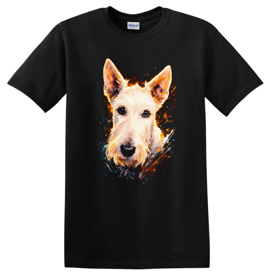 Colorful Terrier Dog Portrait Art T Shirt for Dog Lovers on a Black T Shirt