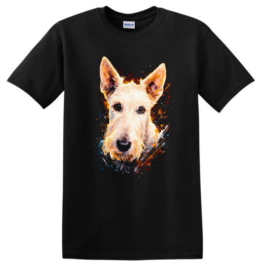 Colorful Terrier Dog Portrait Art T Shirt for Dog Lovers on a Black T Shirt