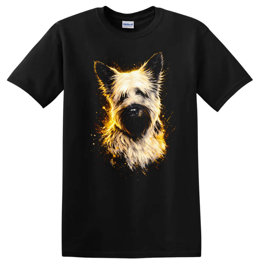 Fluffy Terrier Dog Portrait Artistic Fire Glow T Shirt on a Black T Shirt