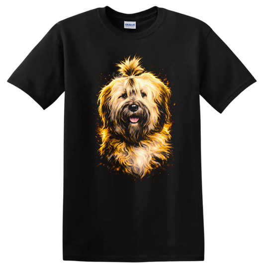 Fluffy Golden Shaggy Dog Portrait T Shirt for Dog Lovers on a Black T Shirt