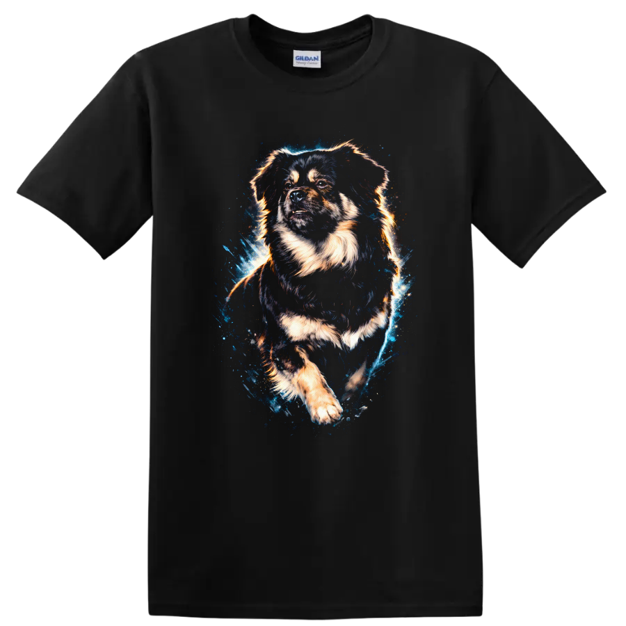 Fluffy Dog Art T Shirt, Vibrant Splash Portrait for Dog Lovers on a Black T Shirt