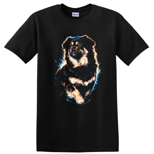 Fluffy Dog Art T Shirt, Vibrant Splash Portrait for Dog Lovers on a Black T Shirt