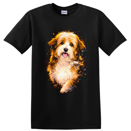 Fluffy Dog Portrait T Shirt Bright Colorful Pet Lover Graphic on a Black T Shirt