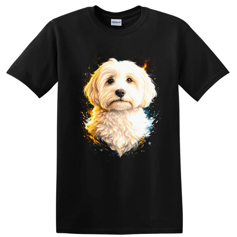 Fluffy White Dog Portrait Watercolor Splash T Shirt for Dog Lovers on a Black T Shirt