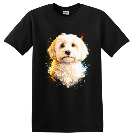 Fluffy White Dog Portrait Watercolor Splash T Shirt for Dog Lovers on a Black T Shirt